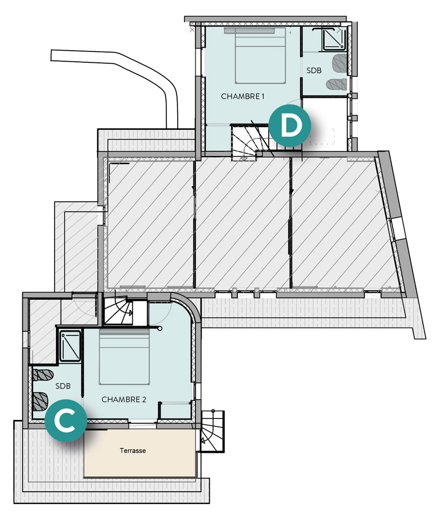 Plan Villa Les Chênes à Cavalaire-sur-mer - Niveau 1 comprenant une Chambre avec lit 180x200, Salle de bain, WC et petite terrasse privative. Niveau 2 comprenant une chambre avec lit 180x200, Salle de bain, WC et terrasse principale avec accès à la piscine.